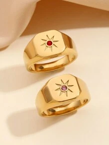 1pc Stainless Steel Fashionable And Gorgeous Retro Style Women's Pink And Red Diamond Sun Shape Pattern Ring, Suitable For Women's Daily Wear Or Gift Giving - Yellow Gold - View 1