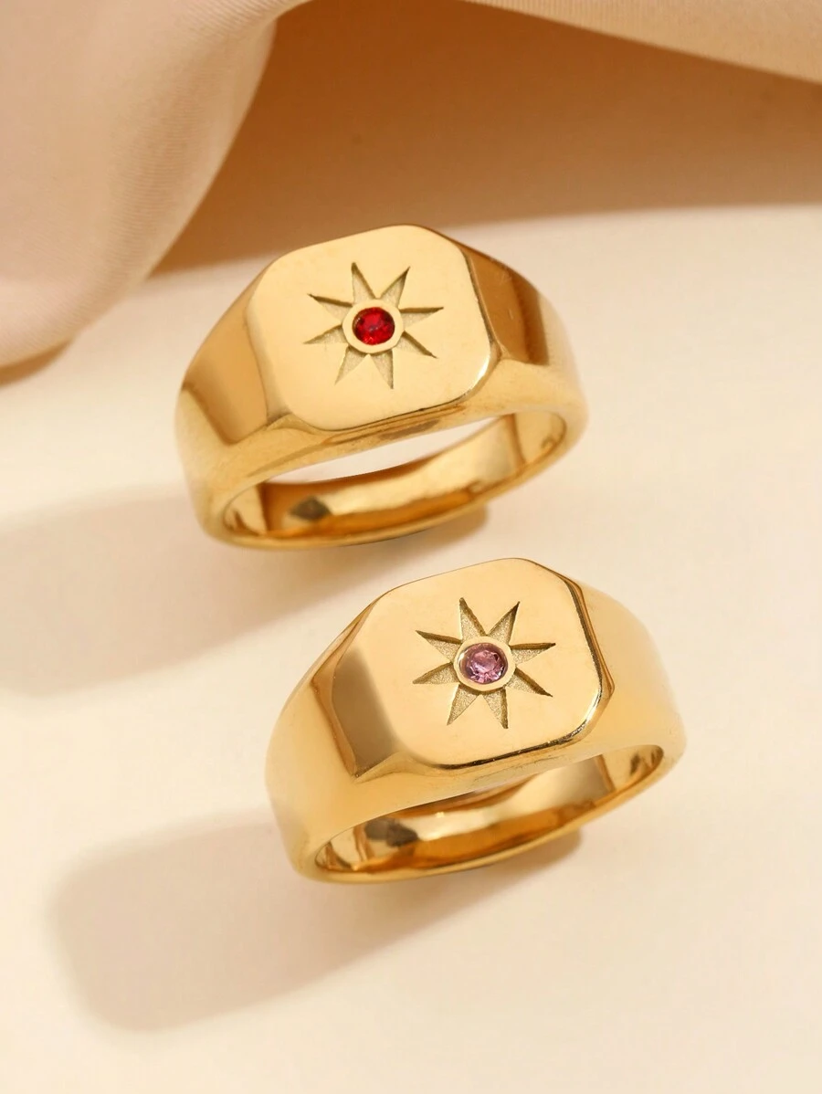 1pc Stainless Steel Fashionable And Gorgeous Retro Style Women's Pink And Red Diamond Sun Shape Pattern Ring, Suitable For Women's Daily Wear Or Gift Giving - Yellow Gold - View 1