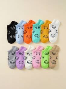 12 pares Calcetines de tobillo con estampado de carita sonriente lindos para niños, transpirables para niños y niñas - Multicolor - Ver 1