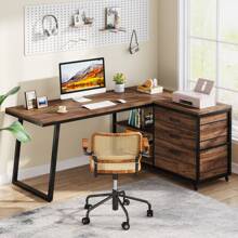 Tribesigns Reversible L-Shaped Desk With 3 Drawers, 53-Inch Home Office Desk, Industrial Corner Computer Desk With Shelves For Small Space