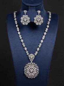 新款女士中世纪方晶锆石花朵轻奢高档个性镂空项链耳环套装情人节、妈妈、母亲、母亲节、礼物 - 愛心 - 查看 5