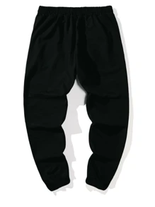 Pantalones Deportivos Para Hombre Con Letras Impresas Y Cintura Con Cordón - Negro - Ver 3