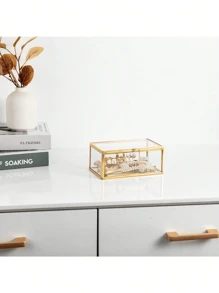 1PC Glass Jewellery Box Clear Trinket Box Vanity Rings Earrings Box Organizer Display Case Decorative Keepsake Box With Lid For Home Wedding Birthday Gift (Gold)-(Chain Style Is Random) Back To School