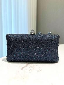 1 件海军蓝闪光闪亮水钻装饰手拿包，金属链带，优雅晚会钱包，适合正式场合、婚礼、音乐会 - 送给女性的绝佳礼物 - 藏蓝色 - 查看 4