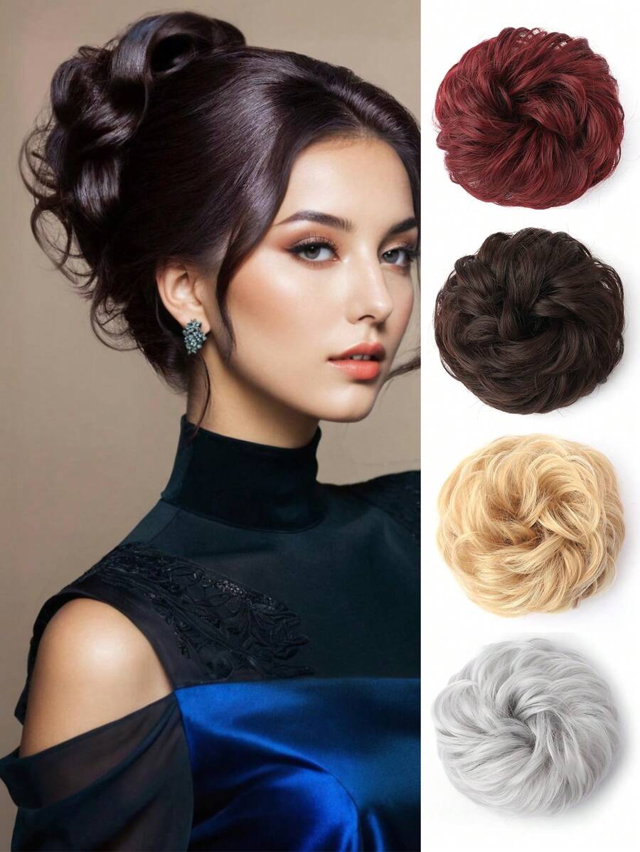 1个凌乱发髻波浪卷发髻发圈假发接发合成发髻，适合女性和女孩，混合金色和灰金色棕色蓬松盘发发髻假发片