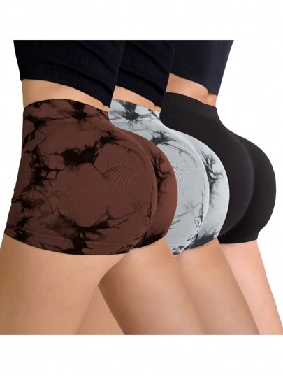 3 piezas Pantalones cortos de yoga sin costuras de tiro alto con efecto tie-dye para mujeres, con absorción de humedad, pantalones cortos deportivos para uso diario