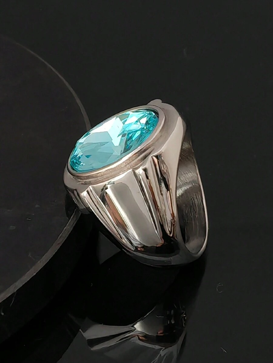 SEEKGLEE 1pc Vintage Oval Sky Blue Stone Ring, 316 Stainless Steel Band, Fashion Statement Jewelry For Men - Steel Ring - View 1