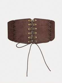 1pc Women's Vintage Style Coffee Brown Lace-Up Buckle Waist Cincher, Suitable For Halloween Party Or Daily Wear - Coffee Brown - View 2