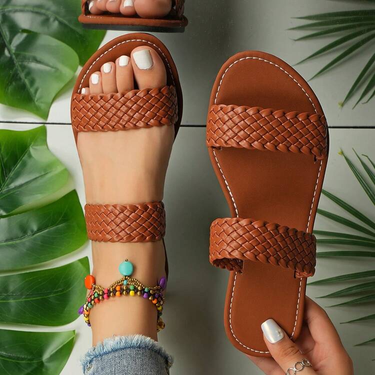 レディース ウーブンストラップサンダル、スエード底 シンプルで快適、室内、カジュアル、ビーチに適 - ブラウン - 見る 1