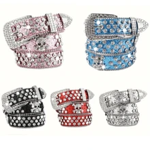 1pc Women's New Fashion Four Skull Rhinestone Decor Belt, Men's Punk Hip-Hop Leather Belt For Jeans Halloween - Skeleton - View 1