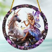 1 件 2D 平面亚克力独角兽和仙女太阳捕手，圆形花环牌匾，适用于花园、露台、门廊、彩色玻璃壁挂、家居装饰、家居装饰、房间装饰、墙壁装饰 - 彩色 - 查看 1