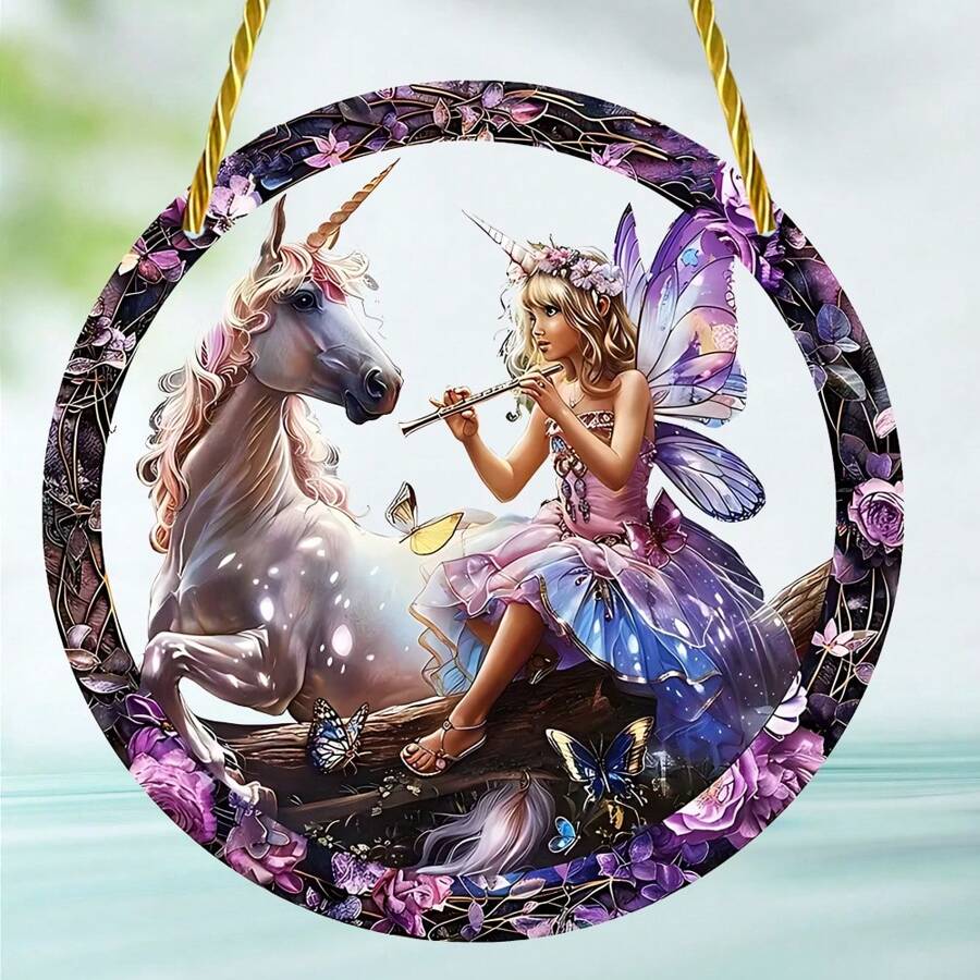 1 件 2D 平面亚克力独角兽和仙女太阳捕手，圆形花环牌匾，适用于花园、露台、门廊、彩色玻璃壁挂、家居装饰、家居装饰、房间装饰、墙壁装饰 - 彩色 - 查看 1