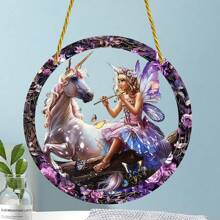 1 件 2D 平面亚克力独角兽和仙女太阳捕手，圆形花环牌匾，适用于花园、露台、门廊、彩色玻璃壁挂、家居装饰、家居装饰、房间装饰、墙壁装饰 - 彩色 - 查看 4