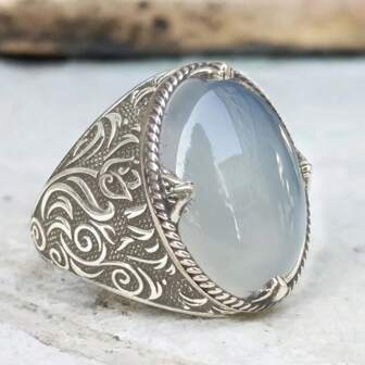 1 pieza Anillo vintage incrustado con piedra lunar en forma de huevo, con tallado de flor retro en la banda, para combinar con atuendos diarios y accesorios para fiestas, joyería de lujo