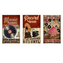 3 件复古黑胶唱片墙画 - 现代金属铝制帆布画，适用于客厅装饰 - 彩色 - 查看 6