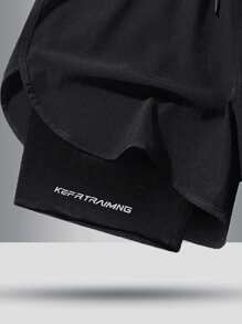 Boyfriend Style Men's Summer Outdoor Running Marathon Athletic Quick-Drying Training Fitness Basketball Ice Silk Double-Layer Solid Color Shorts With Inner Lining - Black - View 3