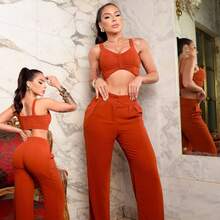 Feminine Cropped Set And Flare Pants Woven Duna Women 2-Piece Set - 亮橙色 - 查看 1