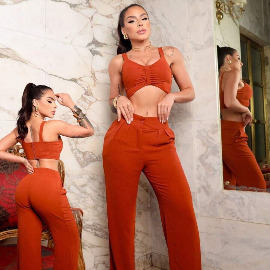 Feminine Cropped Set And Flare Pants Woven Duna Women 2-Piece Set - 亮橙色 - 查看 1