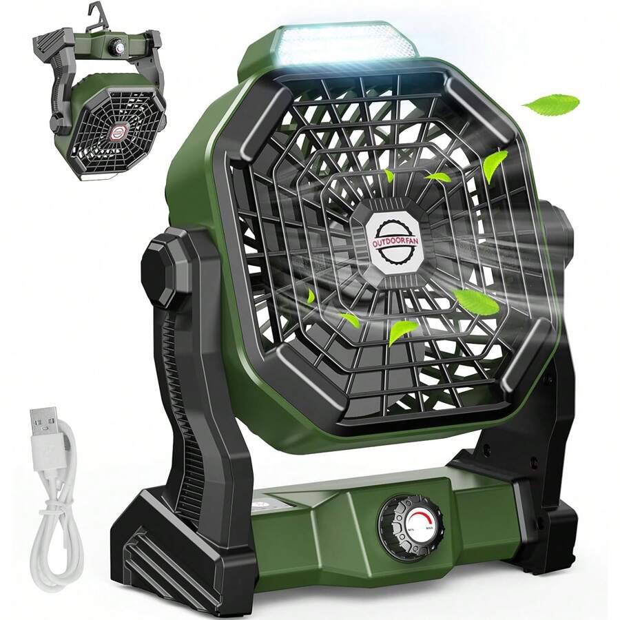 Ventilador de Camping Portátil con Luz LED: 7800mah, Carga USB, Funcionalidad de Suspensión y Operación Silenciosa - Verde militar - Ver 1