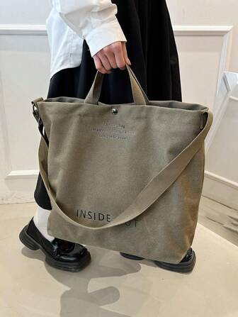 Retro Canvas Tote Bag, Letter Print Crossbody Bag, Casual Handbag For School Work Travel