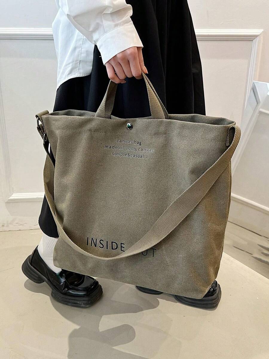Retro Canvas Tote Bag, Letter Print Crossbody Bag, Casual Handbag, Suitable For School, Work, Travel, Vintage - Green - View 1