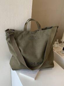 Retro Canvas Tote Bag, Letter Print Crossbody Bag, Casual Handbag, Suitable For School, Work, Travel, Vintage - Green - View 4