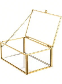 1PC Glass Jewellery Box Clear Trinket Box Vanity Rings Earrings Box Organizer Display Case Decorative Keepsake Box With Lid For Home Wedding Birthday Gift (Gold)-(Chain Style Is Random) Back To School