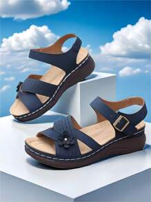 Nuevas sandalias de cuña para mujeres con estilo, cómodas sandalias de plataforma para mamá, sandalias casuales con punta abierta para mujeres - Azul Marino - Ver 4