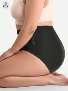 MIOTAN 5pcs/Set Plus Size Women's High-Waisted Triangular Panties, Slimming, Comfortable, Breathable - Black - View 3
