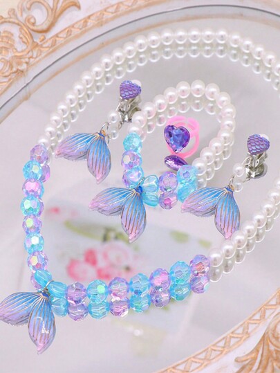 5pcs/Set Kids Lovely Mermaid Tail & Pearl Jewelry Set, Necklace, Bracelet, Ring, Earrings For Girls