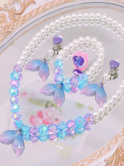 5pcs/Set Kids Lovely Mermaid Tail & Pearl Jewelry Set, Necklace, Bracelet, Ring, Earrings For Girls