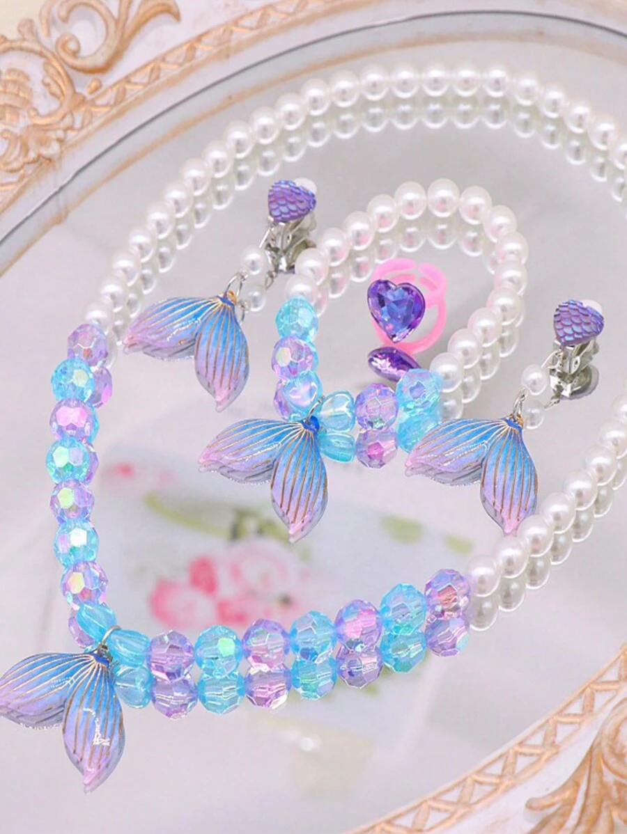 5pcs/Set Kids Lovely Mermaid Tail & Pearl Jewelry Set, Necklace, Bracelet, Ring, Earrings For Girls