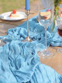5pcs 90*180cm Light Blue Pleated Table Runner Perfect For Wedding Birthday Babe Shower Party Room Table Decoration, Wedding Anniversary And Banquets Party Supplies, Gauze Table Cover Table Runner