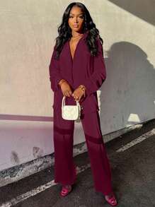 Conjunto de 2 piezas de camisa plisada casual y pantalones de pierna ancha para mujeres