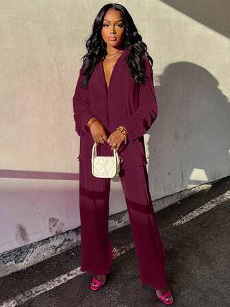 2pcs Women's Casual Pleated Shirt And Wide Leg Pants Set