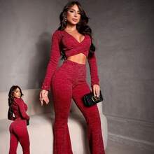 Women's Long Sleeve Cropped Set And Lanyard Flare Pants With Spandex Casual Fashion - 酒紅色 - 查看 3