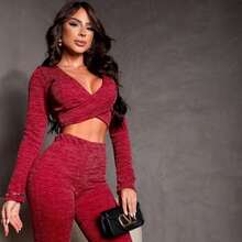 Women's Long Sleeve Cropped Set And Lanyard Flare Pants With Spandex Casual Fashion - 酒紅色 - 查看 2