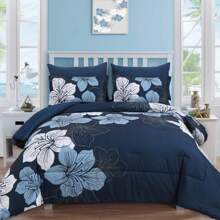 7 Pieces Floral Yellow/Aqua/Navy Blue Floral Comforter Set Queen King Bed In A Bag Botanical Floral Comforter Soft Soft Microfiber Complete Bedding Sets For Fall And Wedding Items,Valentines Day Home Bed Room Decor,Mothers Day Gift,All Season - 藏蓝色 - 查看 1
