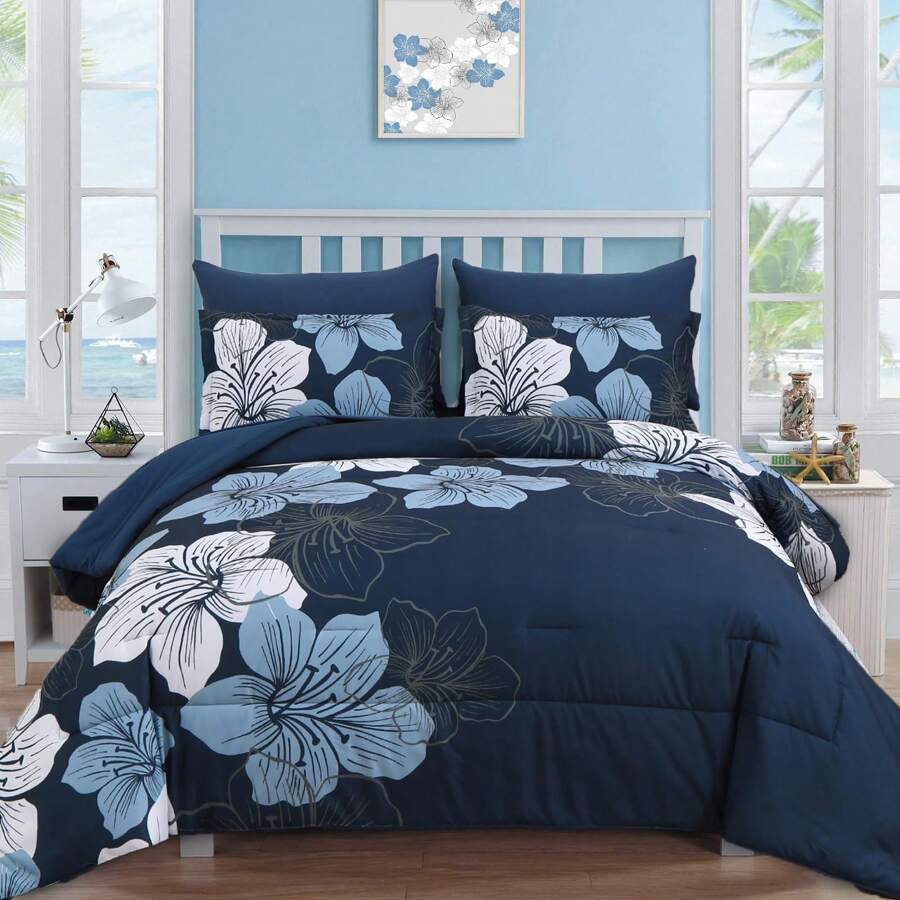 7 Pieces Floral Yellow/Aqua/Navy Blue Floral Comforter Set Queen King Bed In A Bag Botanical Floral Comforter Soft Soft Microfiber Complete Bedding Sets For Fall And Wedding Items,Valentines Day Home Bed Room Decor,Mothers Day Gift,All Season - 藏蓝色 - 查看 1
