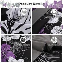 7 Pieces Dark Purple Floral Comforter Set Queen King Bed In A Bag Botanical Floral Comforter Soft Soft Microfiber Complete Bedding Sets For All Seasons,Valentine's Day Gifts - 紫色/黑色 - 查看 3
