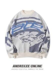 Men's Asymmetrical Abstract Pattern Colorblock Long Sleeve Casual Loose Fit Pullover Sweater, Suitable For Spring, Autumn And Winter - Apricot - View 3