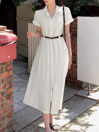 Summer French Style Retro Collar Single Breasted Waist Slim Shirt Dress