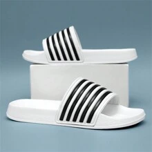 (Couple Style) Men's Simple Fashion Striped Plus Size Open Toe Slide Sandals, EVA Soft Sole Bathroom Beach Slippers, Suitable For Indoor And Outdoor Wear, Size 36-50, Unisex - White - View 5