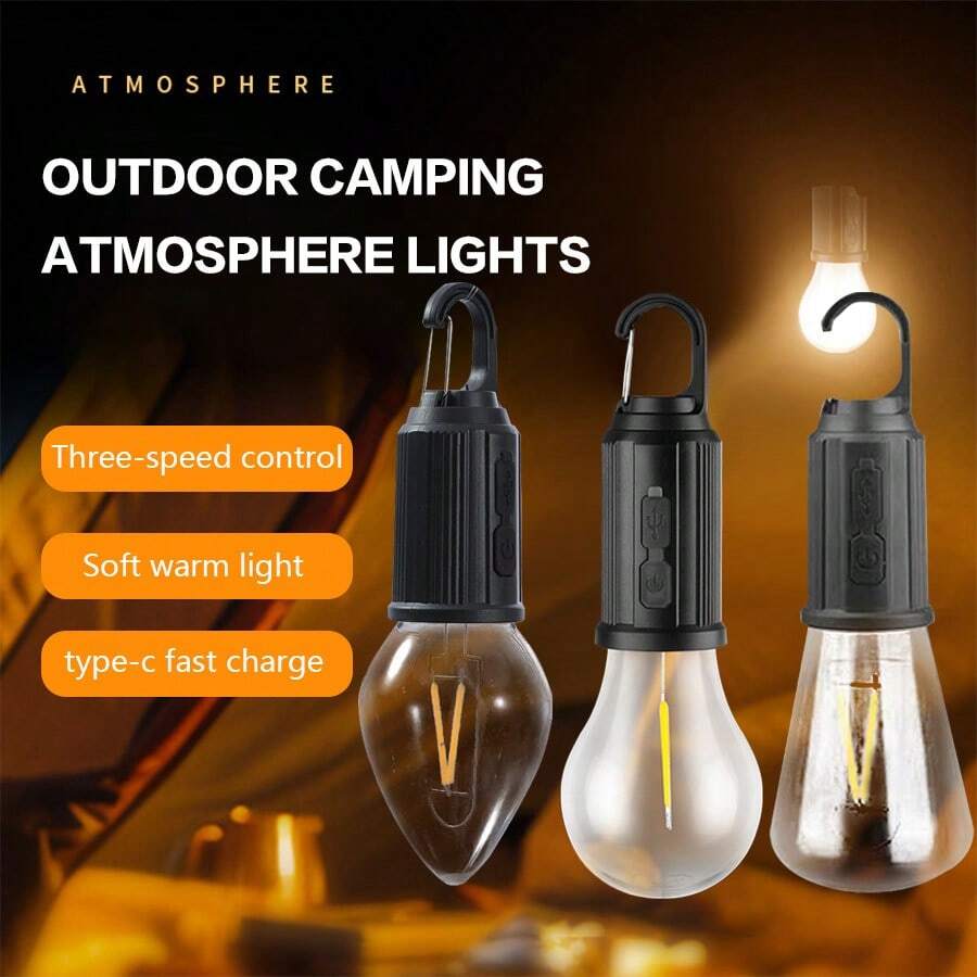 迷你露营灯钨丝 USB 可充电 3 种模式 LED 灯泡 适用于家庭户外防水应急灯露营用品 - 黑色 - 查看 1