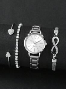 4pcs/Set Women's Fashion Casual Quartz Wrist Watch With Numeric Scale Dial And Steel Strap + Bracelet