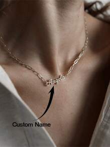 定制个性化名字项链配回形针链金色不锈钢项链女士定制名字回形针链吊坠项圈珠宝生日礼物送给妈妈和她的礼物 - 金色 - 查看 1