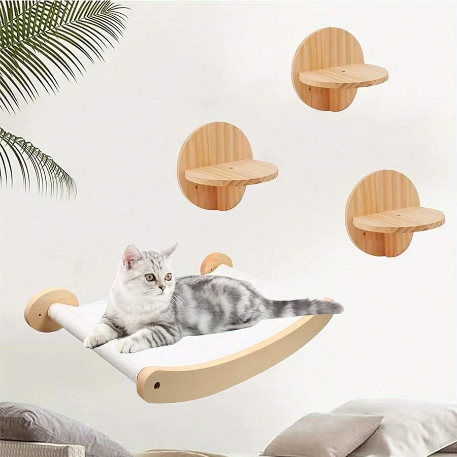 4 件壁挂式猫爬架、猫梯和吊床、室内猫家具栖木，用于玩耍、攀爬和休息，最大承重 12 公斤/26 磅 - 杏色 - 查看 1