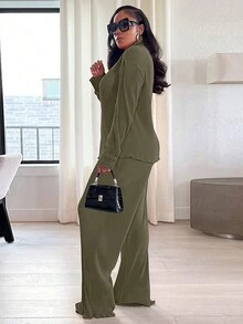 两件套女士时尚休闲褶皱衬衫和阔腿裤套装 春季 - 橄欖綠 - 查看 8
