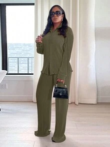 两件套女士时尚休闲褶皱衬衫和阔腿裤套装 春季 - 橄欖綠 - 查看 6