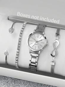 4pcs/Set Women's Fashion Casual Quartz Wrist Watch With Numeric Scale Dial And Steel Strap + Bracelet